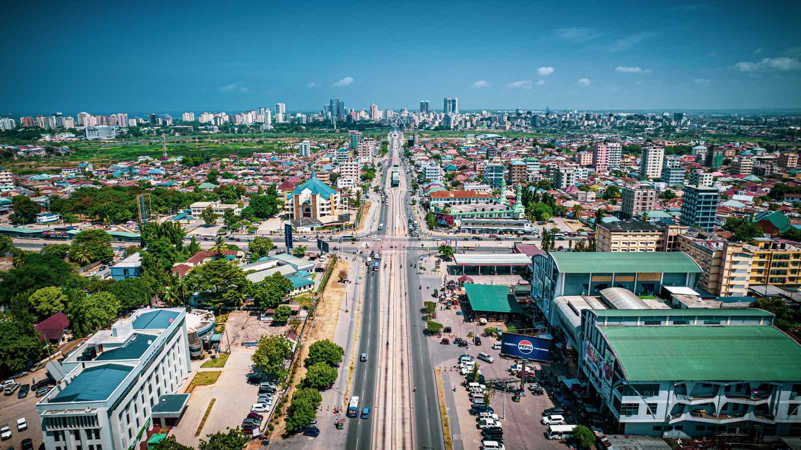Aerial view of a main road through central Dar es Salaam